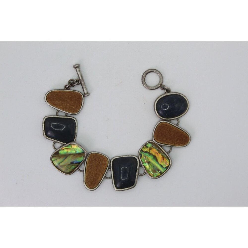 Vintage Artisan Bracelet W/ Abalone Shell Black Onyx-Style Stone & Wood Inlays T
